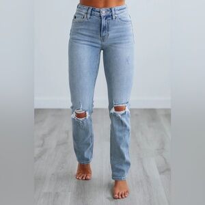 GAP Light Blue Wash Straight-Leg Distressed High Rise Jeans 14 Festival Beach